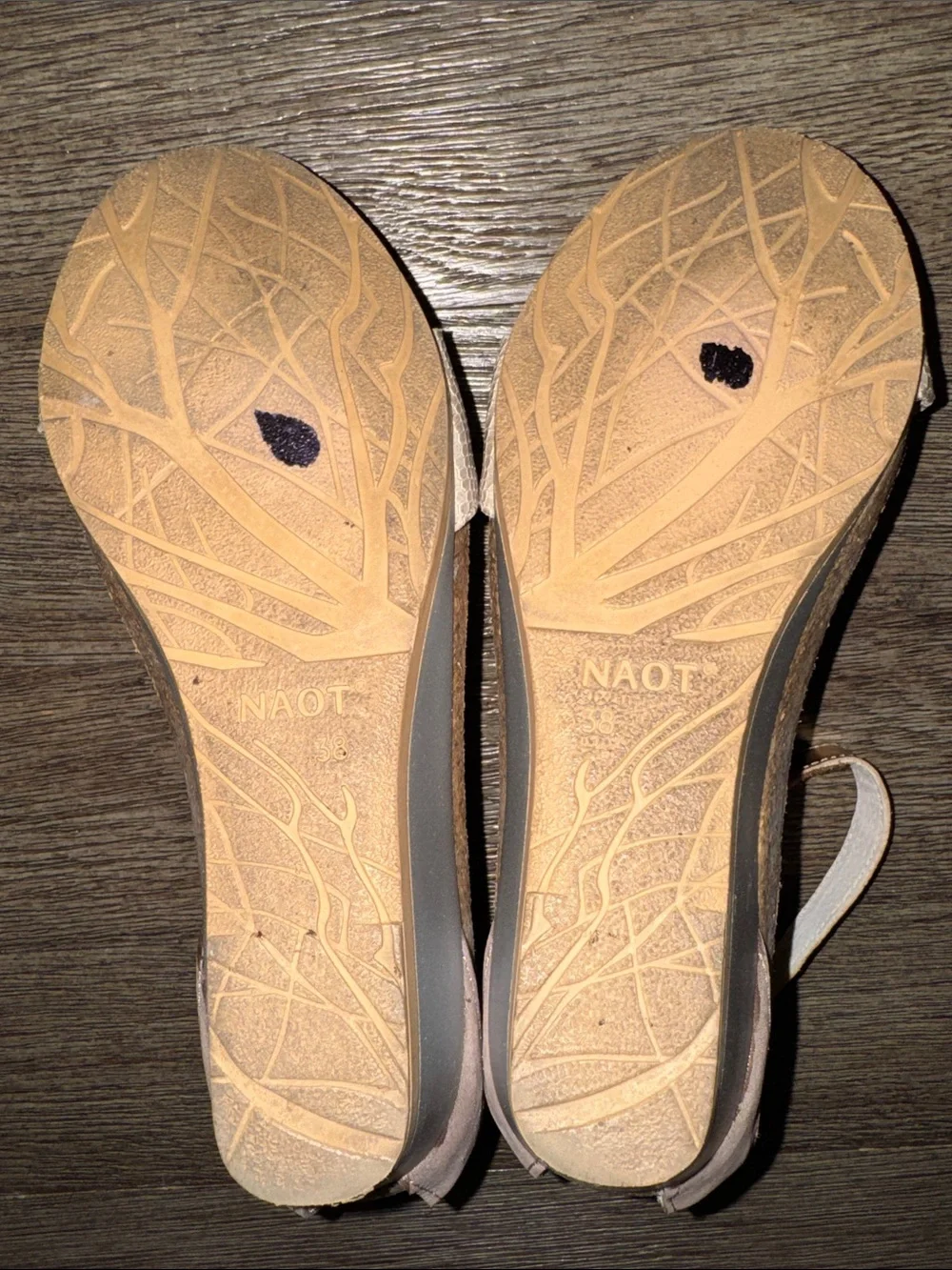 Naot Pixie Wedge Sandal Beige Lizard Silver Threads Rose Gold Leather